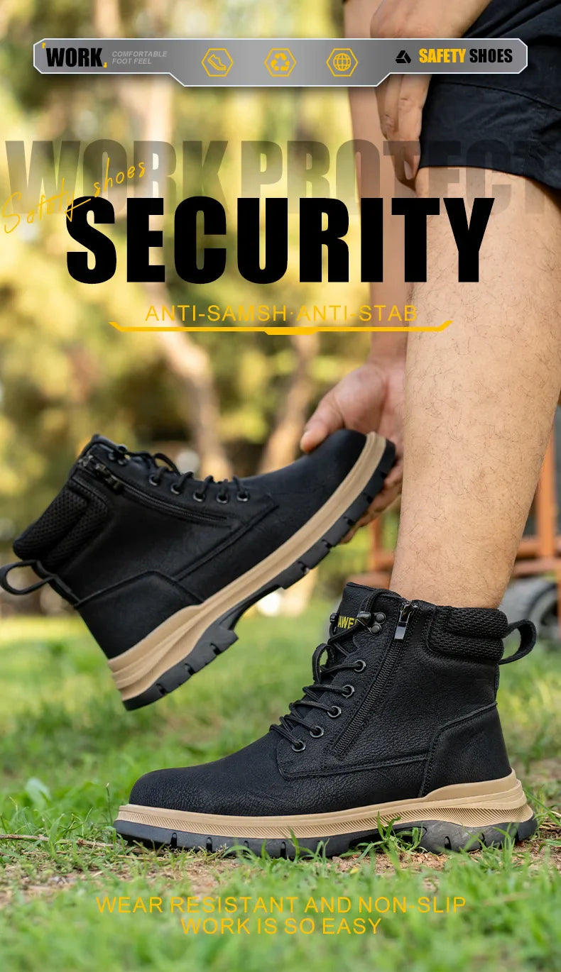 Men Work Boots Puncture-Proof  Waterproof Work Shoes Steel Toe Safety Boots Industrial Indestructible Boots Side Zipper Shoes