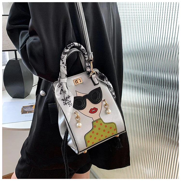 Cartoon Girl Handbag High Quality PU Leather Shoulder Bag for Women Pearl Crossbody Bag Designer Messenger Bag Female Satchel