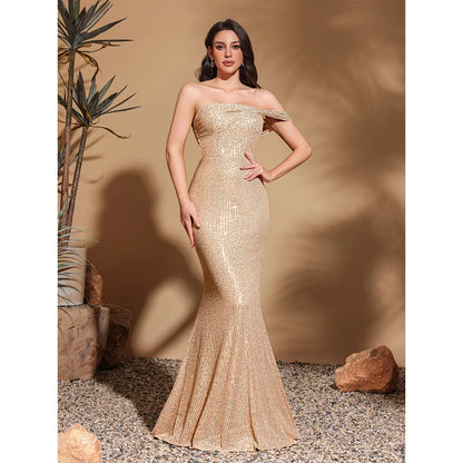 Sequined hip-hugging dress with one side hanging sleeves, elegant and chic dress