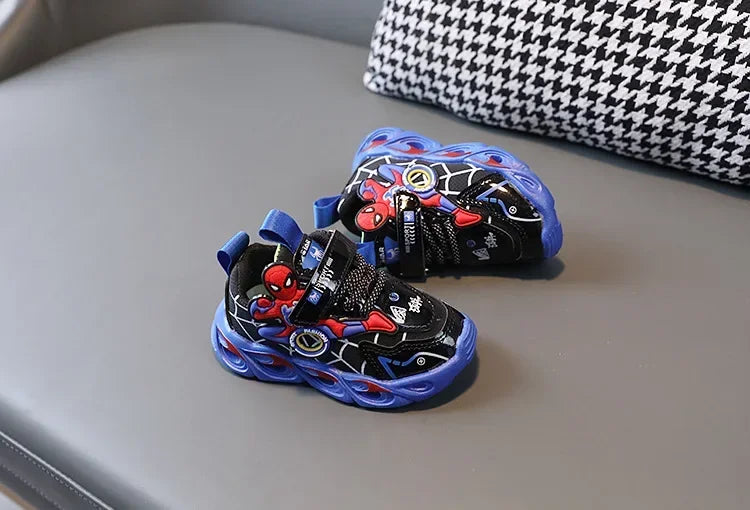 Disney Children's Sneakers Boys Cartoon Spiderman Led Light Sport Shoes Student Shoes Hook Anti-slip Kids Outdoor Shoes