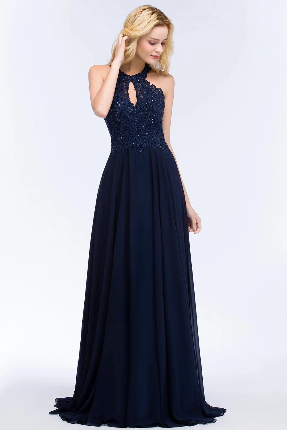 BABYONLINE V-Neckline Lace Pearls Beadings Stones Bodice Prom Dress Sexy Open Back Chiffon A-line Skirt Formal Formal Ball Gown