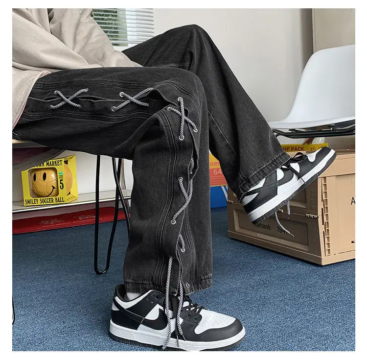 Streetwear Y2k Jeans Pants Lace Up Baggy Black Jeans Man Pants Designer Clothes Side Split 2023 Korean Fashion New