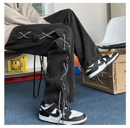 Streetwear Y2k Jeans Pants Lace Up Baggy Black Jeans Man Pants Designer Clothes Side Split 2023 Korean Fashion New