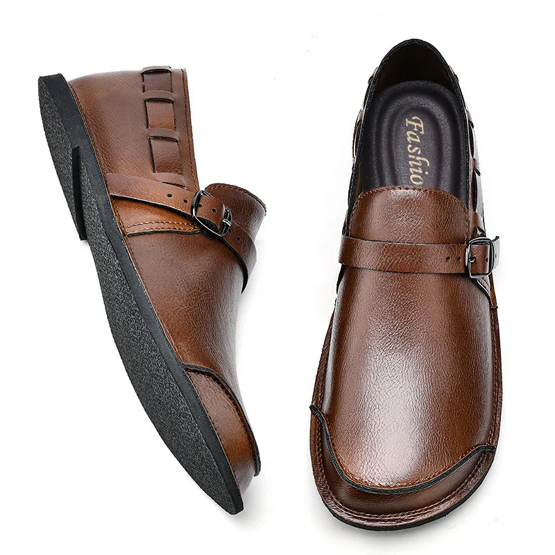 Sapatos Masculinos de Couro com Bico Largo e Sem Cadarço, Flats Casuais Minimalistas Antiderrapantes Primavera Verão Outono