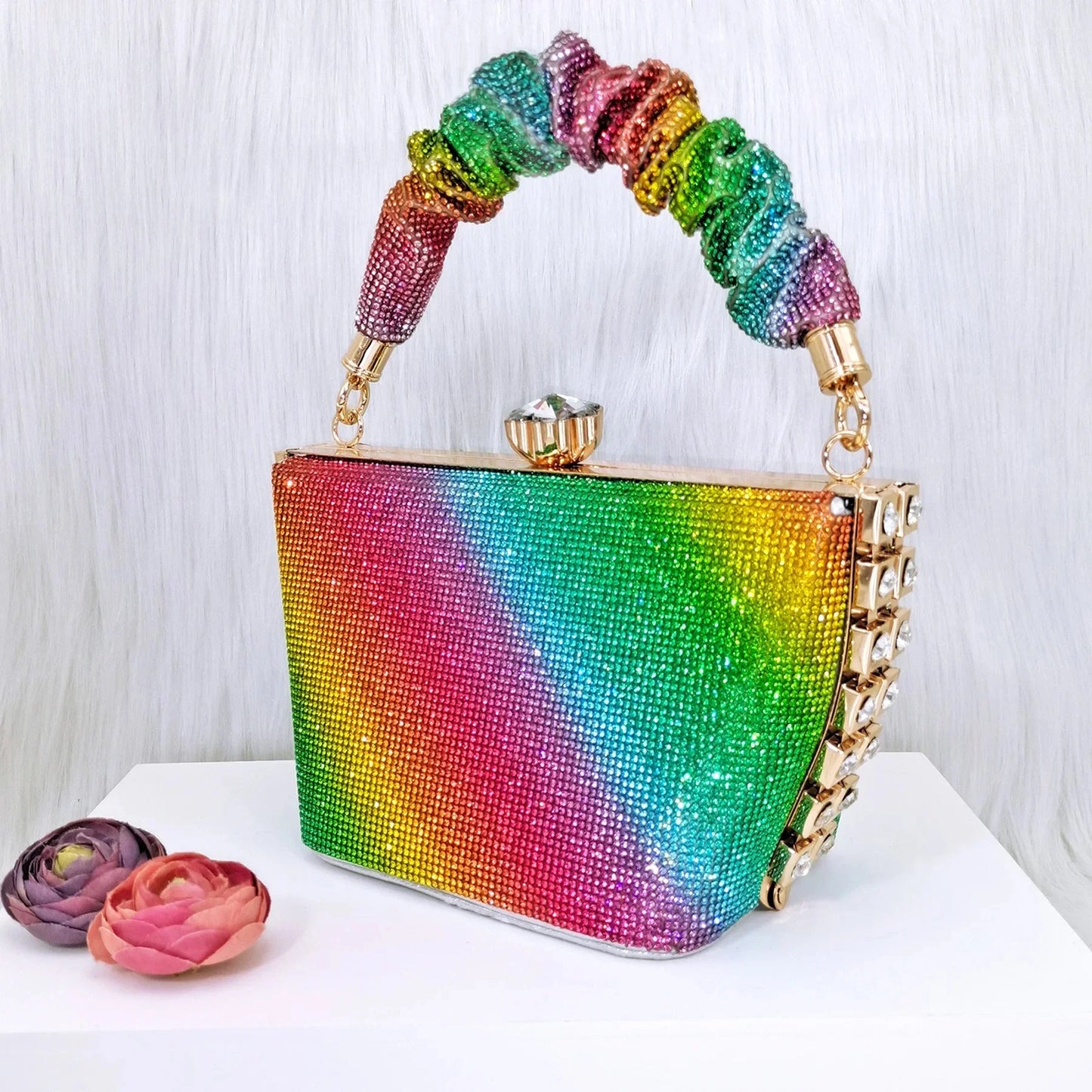 Italian Design Rainbow Colored Rhinestone Striped High Heels, Nigerian Paired With Open Sandals, Shoes Bag Set For Women