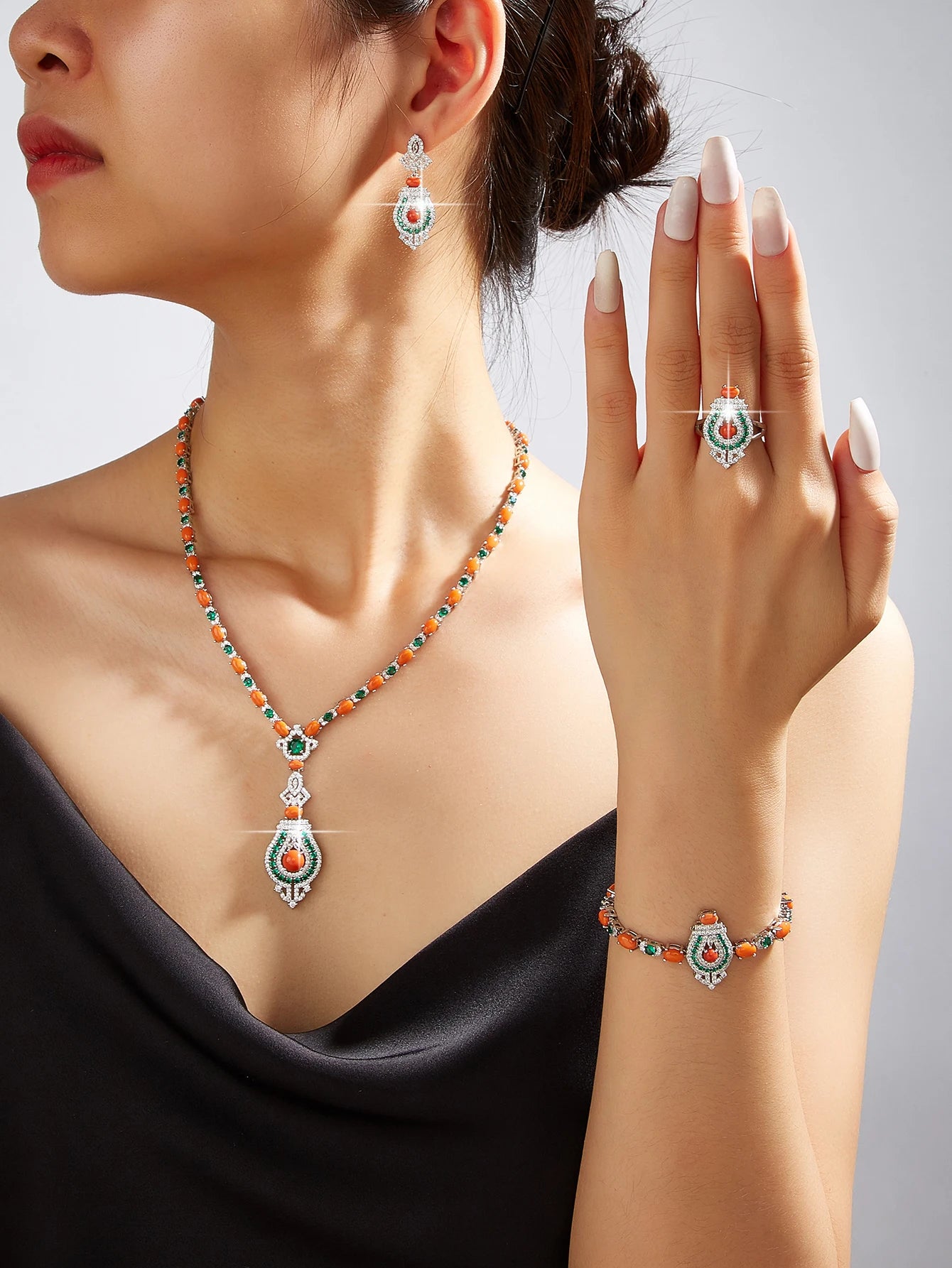 4 Pieces Luxury Blue Turquoise Cubic Zirconia Bridal Jewelry Set Nigeria Dubai Bridal Jewelry Accessories