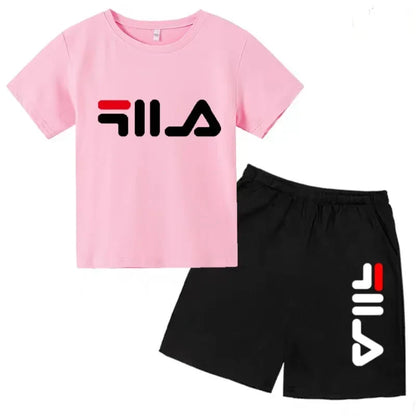 Kids Gift Sports Short-Sleeved Round Neck Black Letters Fashion White T-shirt+Shorts Summer Boy Girl Casual Outdoor Jogging Suit