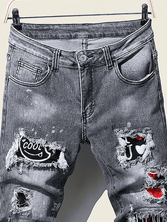 Men's Slim Stretchy Denim Jeans for Men Pants Tearing Patchwork Soft Cotton High Elastic Ripped Hole Casual Male Pants