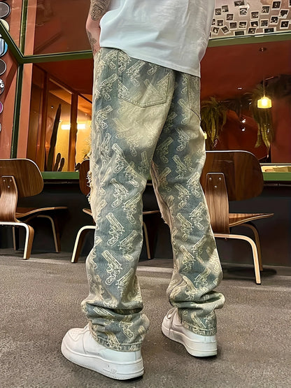 American-Style Street Washed Distressed Ripped Jeans for Men, Spring and Autumn Straight-Leg Loose European and American High Street Vibe Long Pants