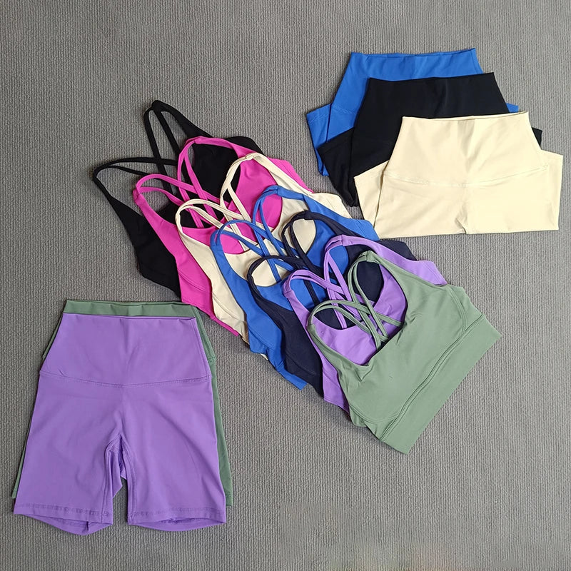 Women's 2-Piece Yoga Set Tights Shorts For Woman Cross Back Bra Top + High Waist Shorts Fitness Running Workout Tracksuit