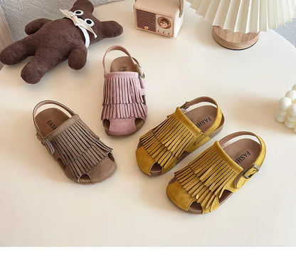 Summer Peep Toe Tassel Children Shoes Girls Sandals Soft Bottom Flat Heel Buckle Girl's Shoes Back Strape Slingbacks Shoe I05285