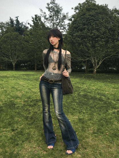 Grunge Aesthetics Mesh Tops Japanese Y2k Sheer Tops Vintage Harajuku See Through Crop Top Korean Fashion Tie Dye T-shirt