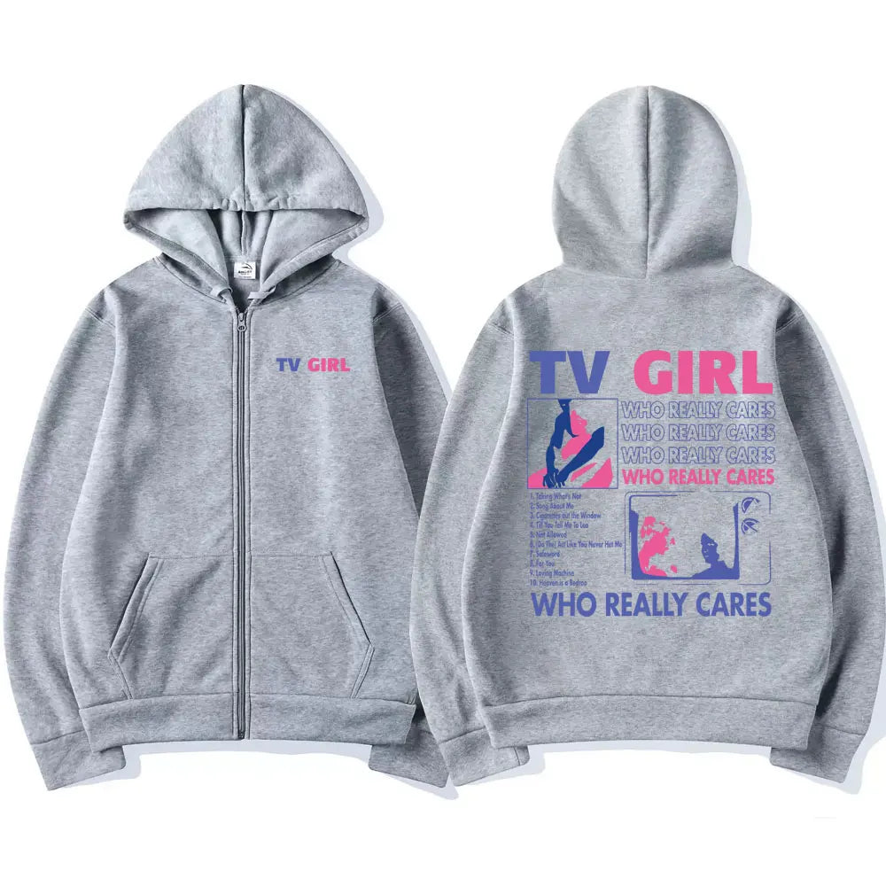 TV Girl Who Really Cares Graphic Print Zipper Hoodie Men Women Fashion Casual Oversized Zip Up Jacket Male Fleece Sweatshirts