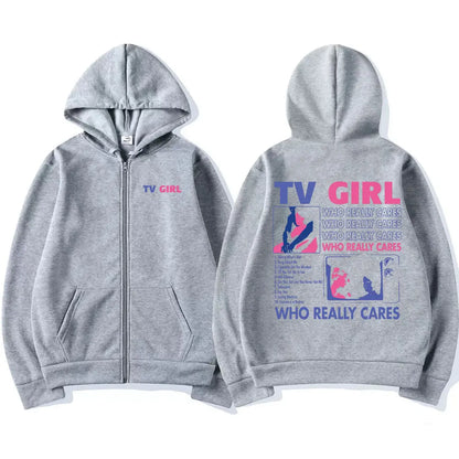 TV Girl Who Really Cares Graphic Print Zipper Hoodie Men Women Fashion Casual Oversized Zip Up Jacket Male Fleece Sweatshirts