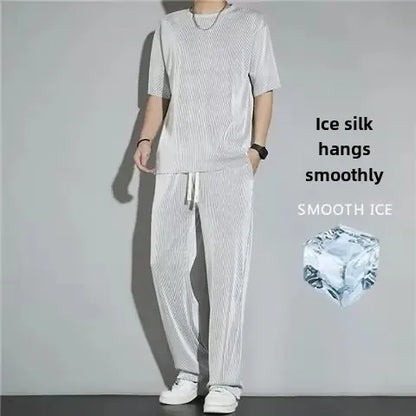 High-End Ice Silk Men's Sports Suit Casual Home Use Long Pants Short Sleeves Quick Drying Top Set Summer Collection