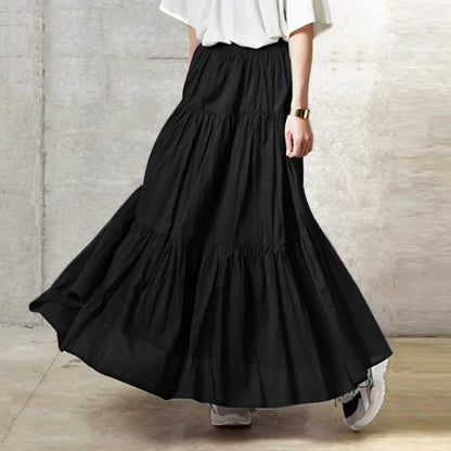 2025 Spring Summer Solid Skirts Vintage Women's Ruffle Sundress Casual Elastic Waist Long Vestidos Female Robe Femme Oversized