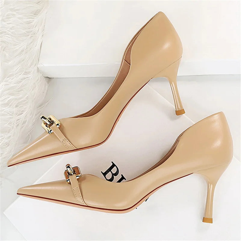 Women 7cm High Heels Pumps Lady Scarpins Fetish Nightclub Blue Nude Low Heels Wedding Party Metal Chain Buckle Fetish Prom Shoes