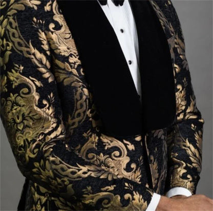 Fast Ship New Year Celebration Blue Gold Pattern Boys Suit Luxurious Ornate Boys Suit FormalKids Tuxedo Set Blazer Vest Pants