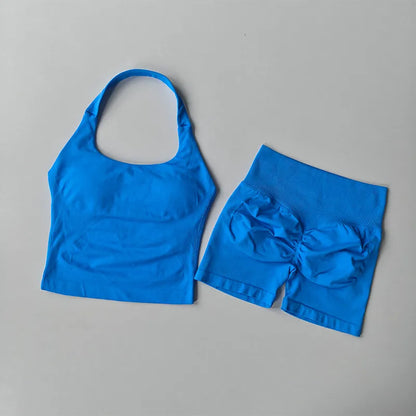 Seamless Halter Neck Yoga Wear Two Piece Women's Push up Sports Bra High Waist Tummy Control Butt Lift Fitness Shorts Set