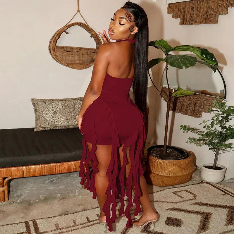 Elegant Halter Solid Ruffles Backless Taseel Sexy Slim Mini Dress Spring Women Cute Outfits Birthday Party Vacation