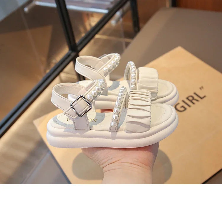 Girls Sandals Pleated Ins Trendy Kids Princess Shoes Beads Sweet Soft Sole 2025 Summer New Children Beach Shoes Open Toes Cute