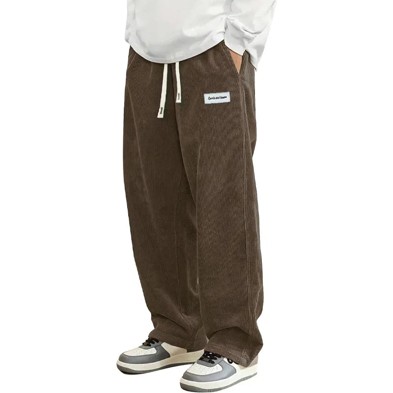 New Mens Corduroy Casual Pants Fashion Loose Fit Baggy Pants Straight Sweatpants Elastic Waist Drawstring Outdoor Streetwear