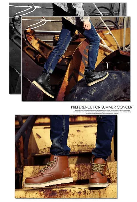 High-top men's leather shoes Fashion motorcycle ankle boots Autumn and winter lace-up casual work men's shoes leather flats