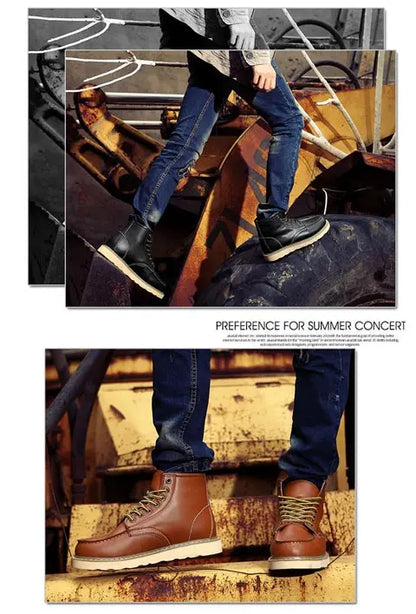 High-top men's leather shoes Fashion motorcycle ankle boots Autumn and winter lace-up casual work men's shoes leather flats