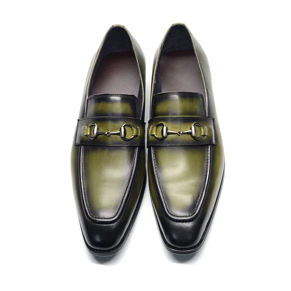 European Classic Mens Wedding Dress Shoes Genuine Leather Horsebit Loafer Shoes Green Casual Business Party Formal Shoes for Men