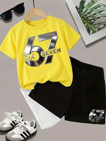 2026 New Cool 67 Funny Printed Kids T-Shirt Shorts Sports Set Fashion Children's Clothes Casual Boy Girl Short Sleeve Shorts Set