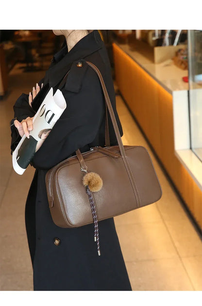 Women's Cow Genuine Leather Shoulder Bags Ladies Fashion Designer Luxury Handbags Female Retro Commute Boston Cowhide Handbag