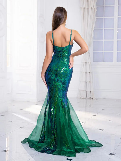 Romagic Deep V Neck Sleeveless White Wedding Party Dress Luxury Spaghetti Strap Sequined Evening Gown Women Maxi Dresses 2025