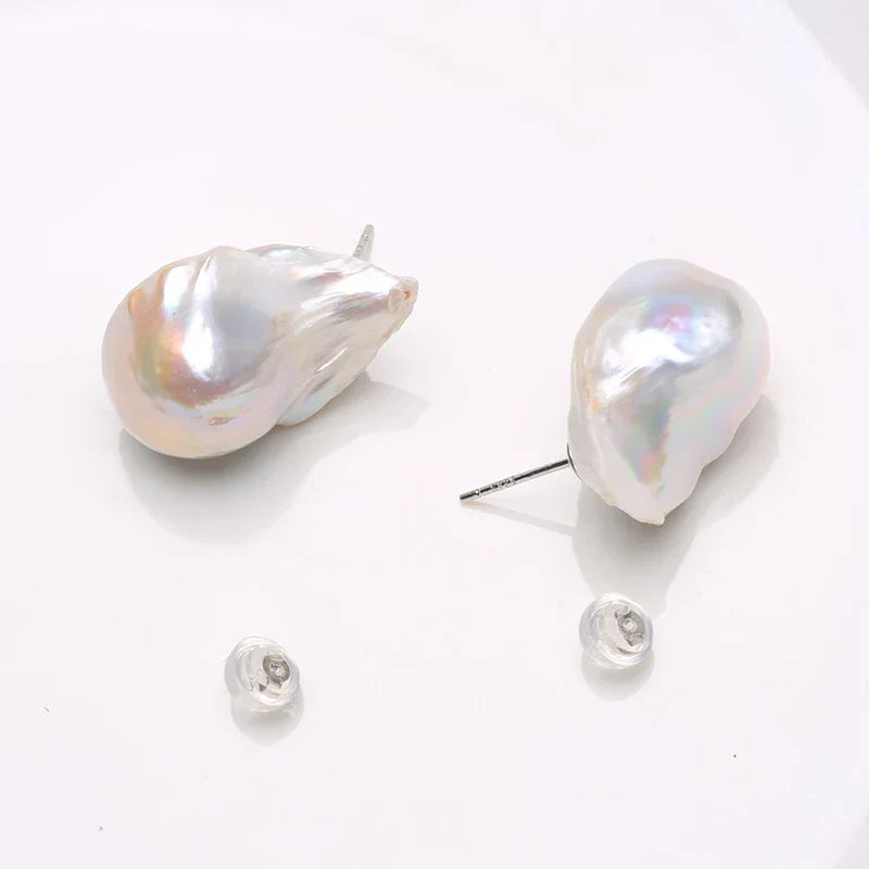 Natural Freshwater Pearl 925 Sterling Silver Large Baroque Pearl Stud Earrings 15-25mm INS Fine Jewelry  Gifts for Women  EA