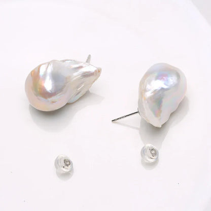 Natural Freshwater Pearl 925 Sterling Silver Large Baroque Pearl Stud Earrings 15-25mm INS Fine Jewelry  Gifts for Women  EA