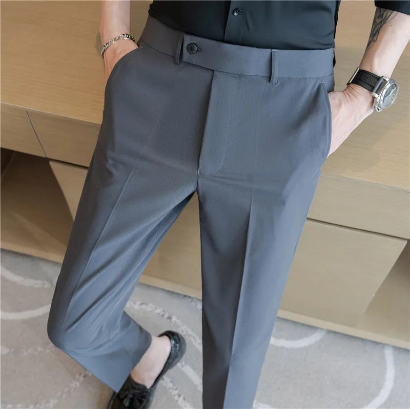 Stretch Solid Color Men's Trousers, Suitable for Business Casual, Parties, Formal Events, and Ankle-length Slim Pants.28-40