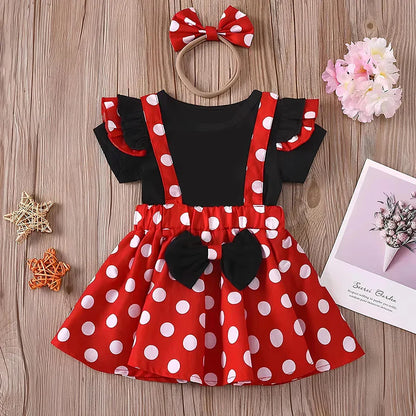 Minnie Mouse Girl Set Children Dress Baby Clothing Set Summer Birthday Costume Polka Dot Suspender Skirt Bow Headband skirt suit