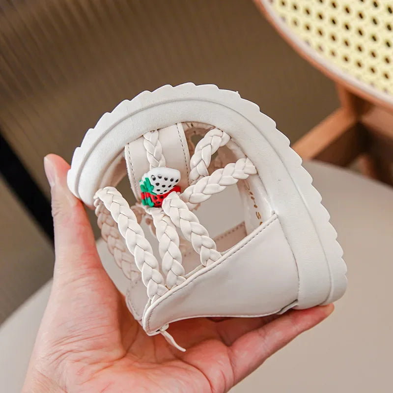 Kids Girls GLADIATOR Sandals Open Toe Knitted Strawberry Summer Non Slip Flat Fashion Children Casual Shoes Roman Shoes Simple