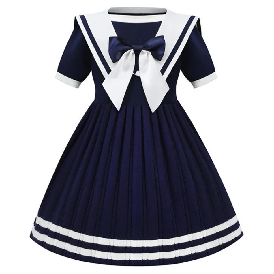 Short Sleeve Solid Color Sailor Collar Dress Girls Princess Style Birthdays Party Dress Girls Casual Dresses