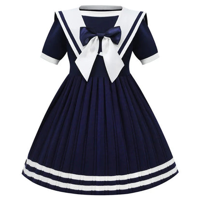 Short Sleeve Solid Color Sailor Collar Dress Girls Princess Style Birthdays Party Dress Girls Casual Dresses