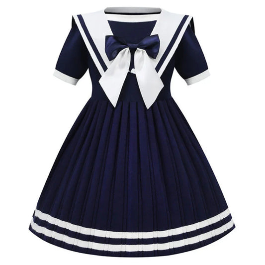 Short Sleeve Solid Color Sailor Collar Dress Girls Princess Style Birthdays Party Dress Girls Casual Dresses