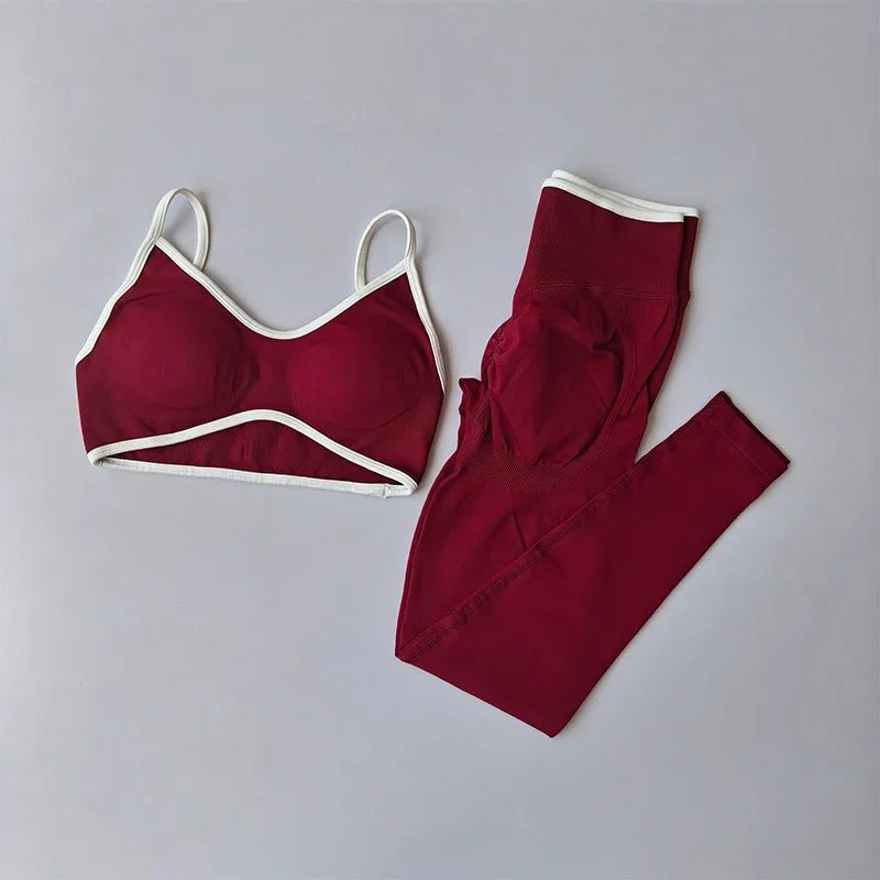 2PCS High Waisted Sports Bra Set with Contrasting Small Suspender Tight Fitting Hip Lifting Training Bra And Pants