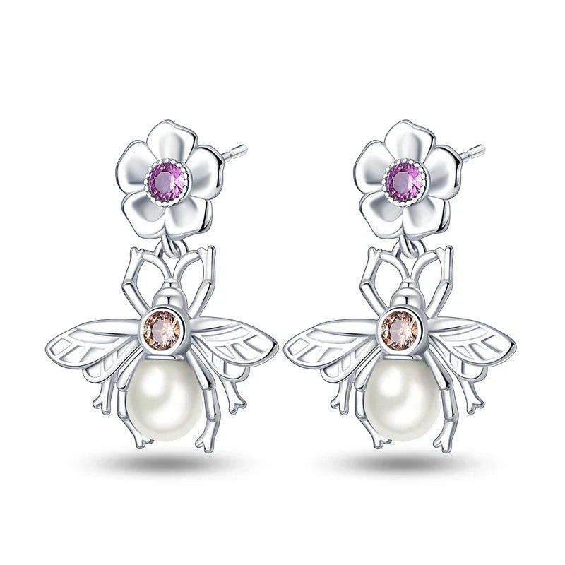 Earrings For Womens 925 Silver Color Pink Rainbow Horse Bear Bee Double Hoop Earrings Fine Engagement Anniversary Jewelry Gifts