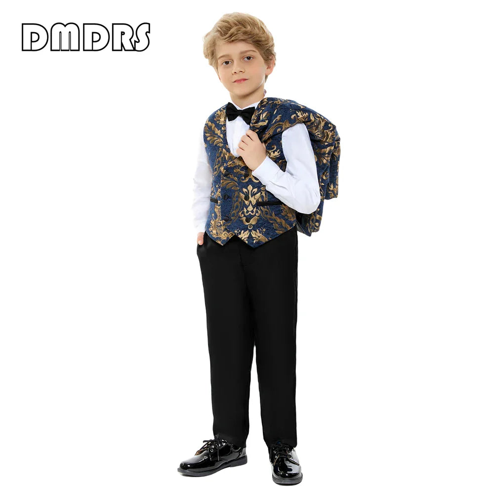 Paisley Slim-Fit Suit Set for Boys with Black or Navy Collar for Weddings
