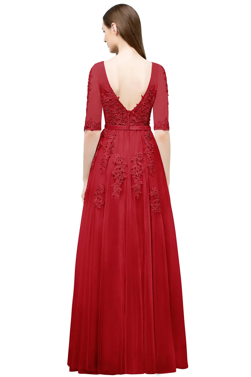 Elegant Half Sleeve Evening Dresses Lace Appliques A-Line Long Tulle Strap V-Neck Sheer Backless Prom Dress Empire Party Gowns