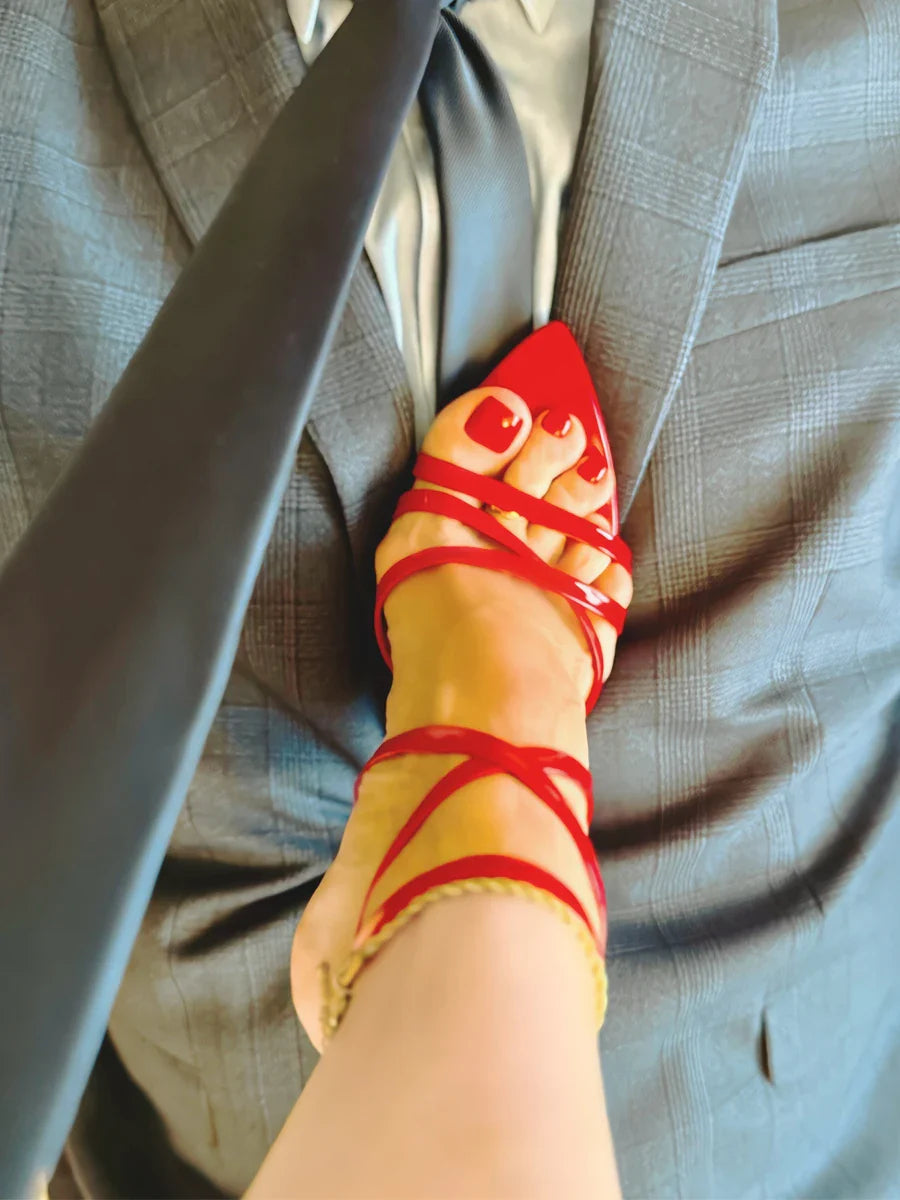 2025 New Summer Pointed Toe Cross Straight Strap Sandals with Thin Heels for Women, Red Bottom High Heels, Fashion Sandals