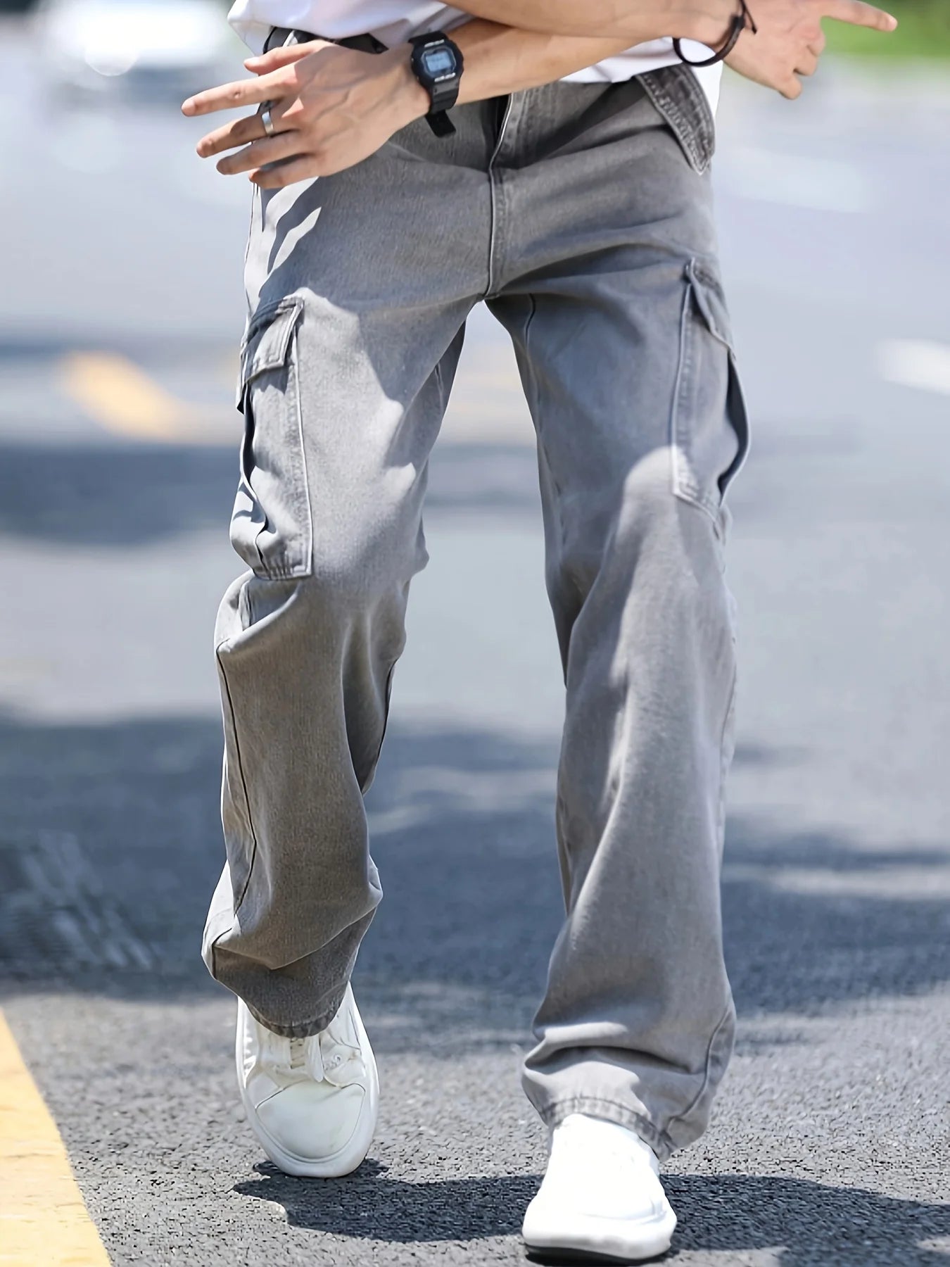 Men's multi pocket denim work pants straight leg denim pants