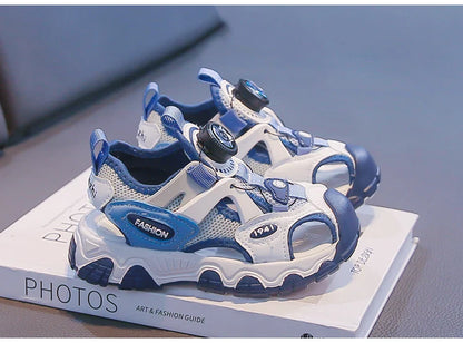 Kids Shoes Rotating Button Closed-Toe Boys Sandals Breathable Mesh Sport Shoes for Boys, Non-Slip Children Summer Sneakers