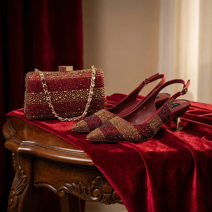 Nigerian Women Heel Ladies Italian Luxury Design Green Shoes And Bag Set Decorated with Rhinestone Handbag Wedding Party