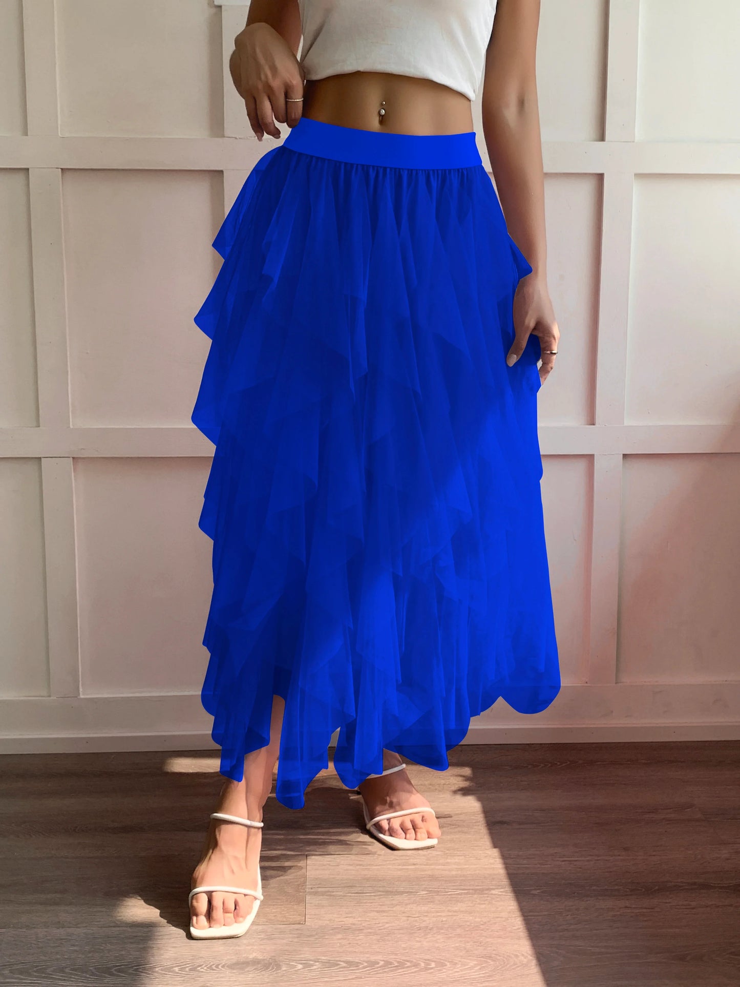 Medium waist chiffon long skirt for women, irregular layered pleated edge layered cake skirt, elegant fairy A-line skirt