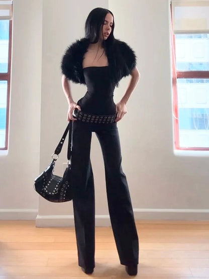 Trend Classic 2-Piece Set Women Sexy Furry Shawl+Sleeveless Tank Top Fashion Party Club Stretch Skinny Activi Outfits